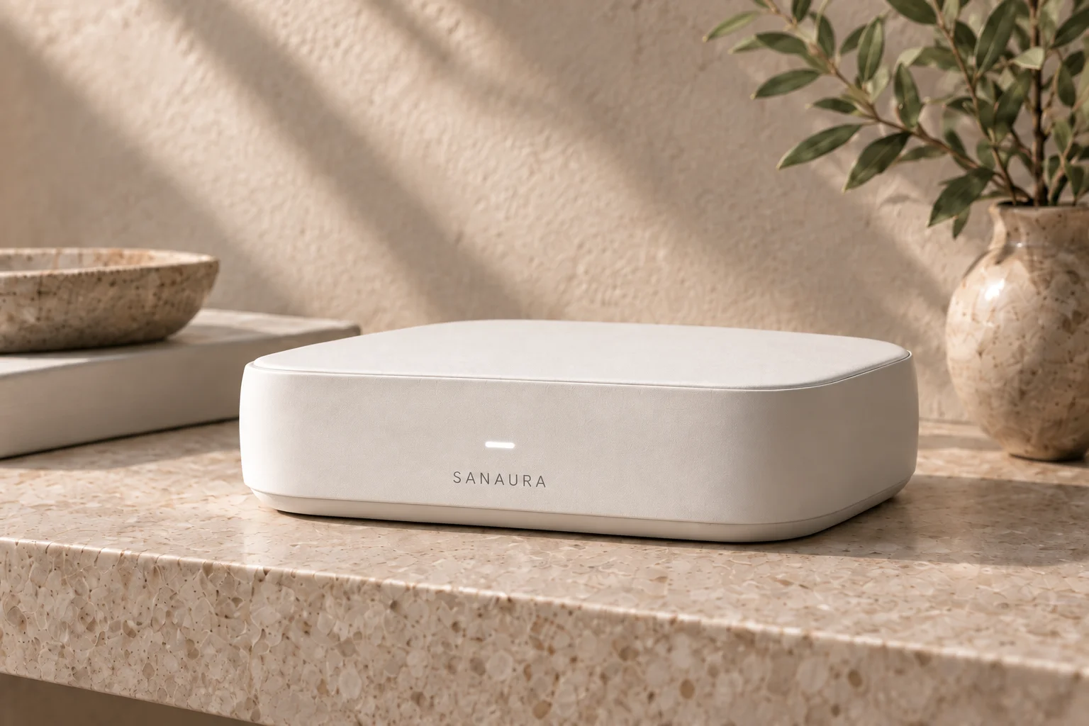 Mineral-white Sanaura Gateway concept resting on a stone shelf, with a low sculpted body and quiet status dash.