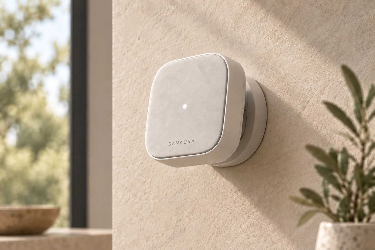 Mineral-white rounded-square Radar S1 concept with an unobstructed front and compact connected wall mount.
