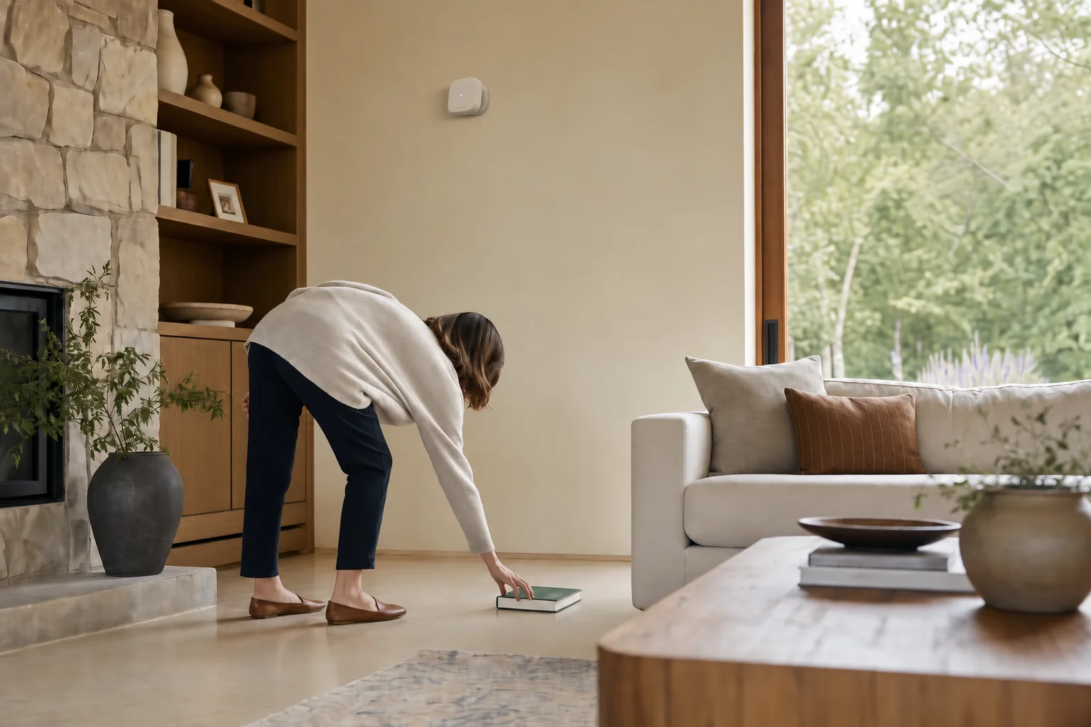 Calm living room where a person reaches for a book on the floor, with a small provisional sensing enclosure mounted high on the wall.
