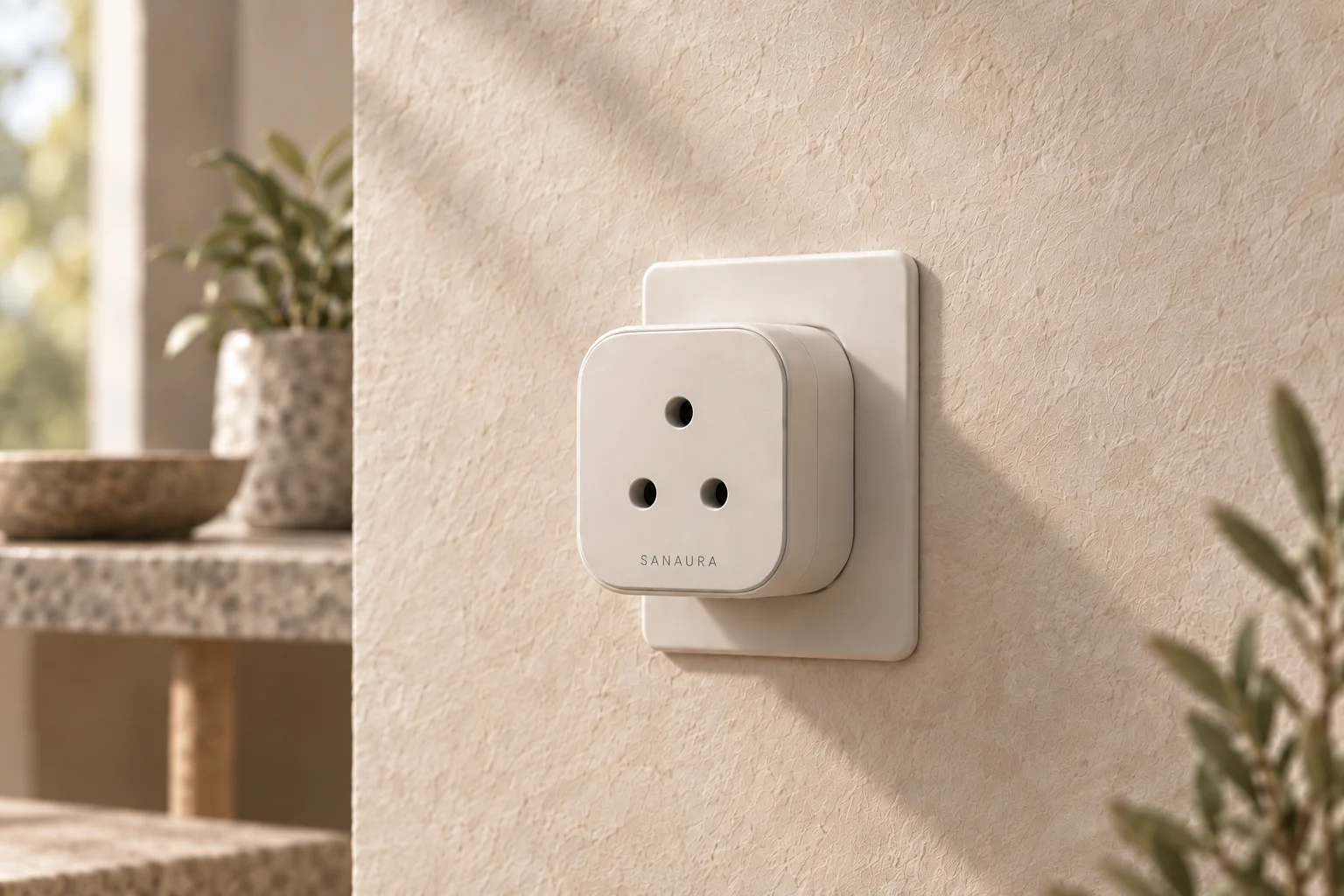 Mineral-white Smart Plug concept physically seated against a separate wall outlet plate, with three round socket apertures.
